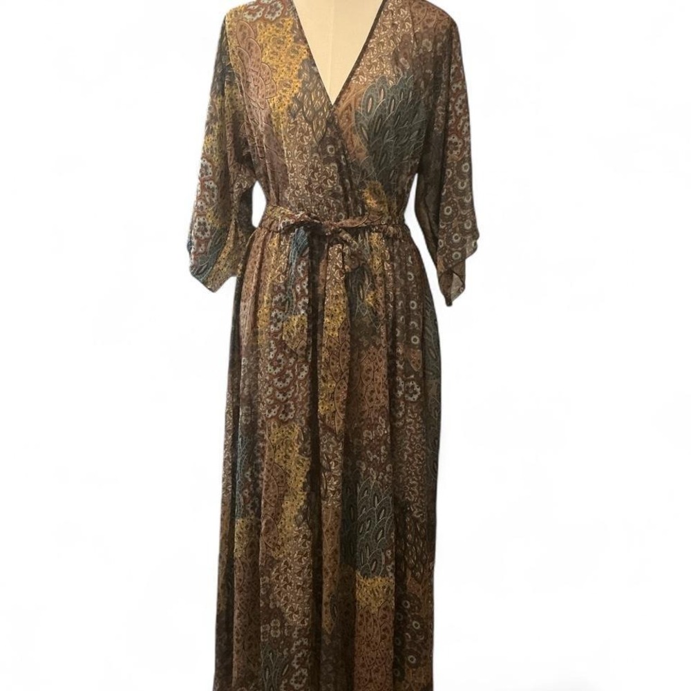 Kate and Lily Maxi Dress Womens 12 Brown Paisley Excellent Wrap V-Neck Chiffon
